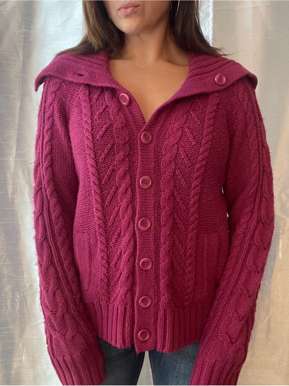 Vintage Y2K Cardigan Medium Pink Cable Knit Off Shoulder Indie Downtown Girl